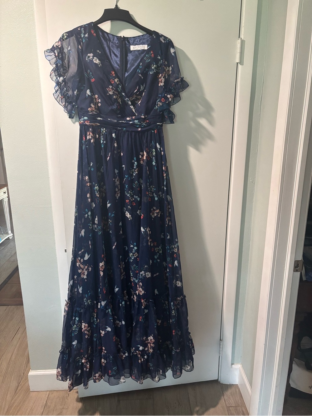 Mac Duggal Navy Floral Wrap-Front Maxi Gown - Picture 4 of 5
